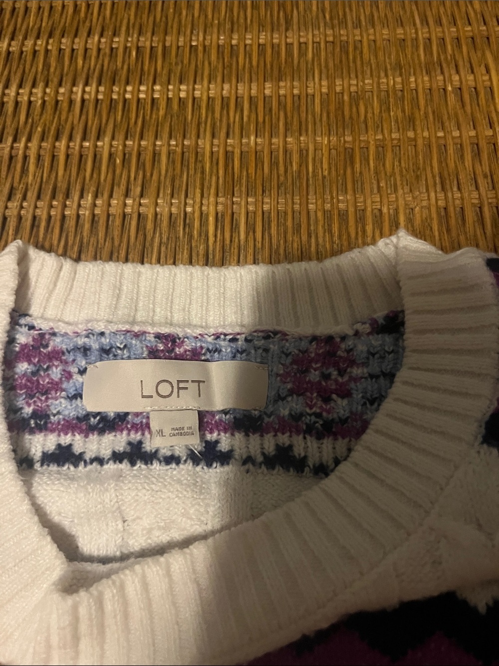 LOFT Cream Cable-Knit Crewneck Sweater with Purple and Navy Fair Isle - Picture 2 of 2